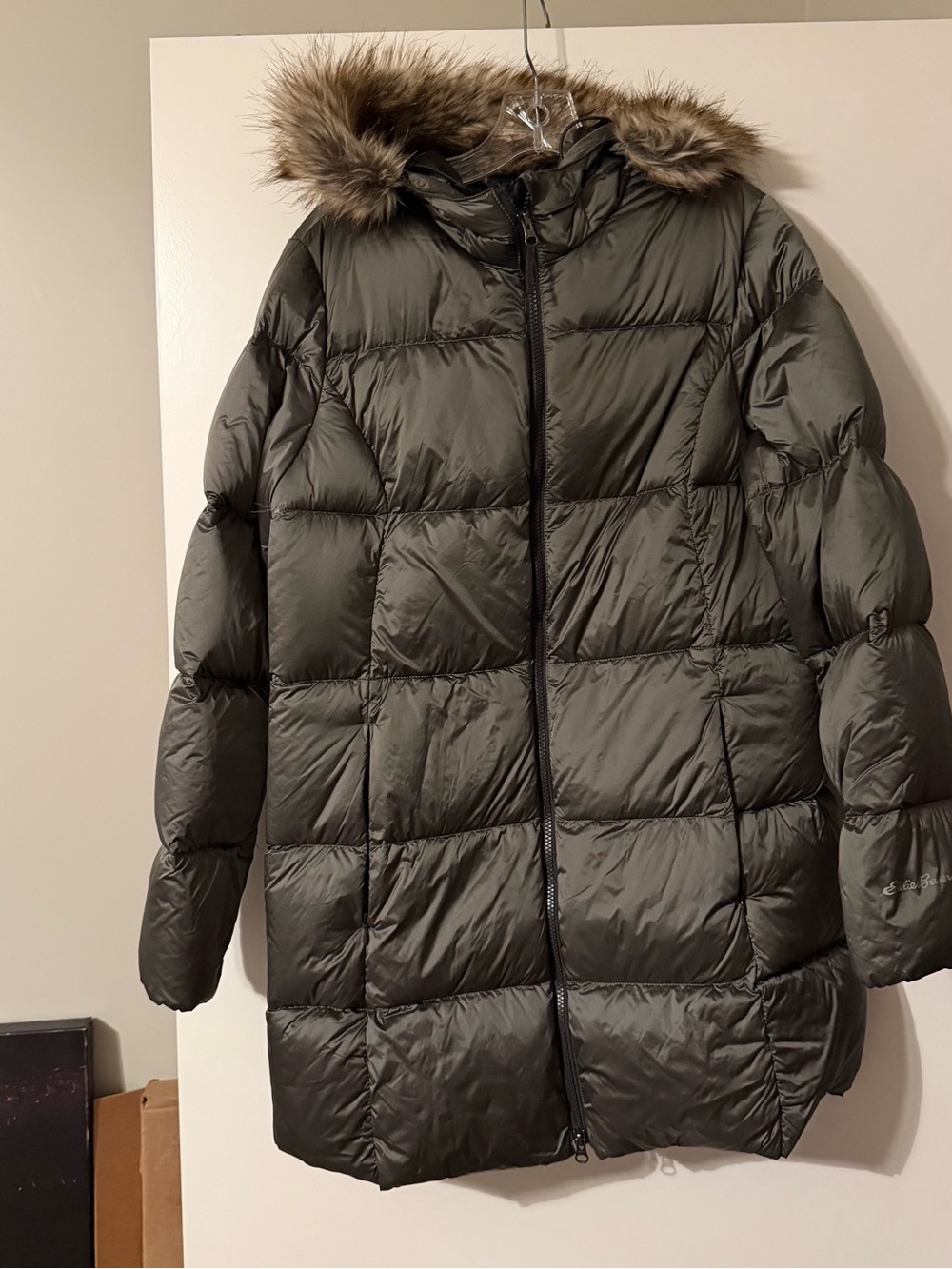 Eddie Bauer Olive Green Quilted Puffer Coat with Faux Fur Trim Hood